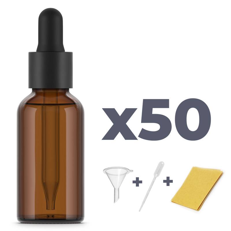 Botellas vidrio ámbar 30 ml con pipeta x50 unidades. Alta calidad.