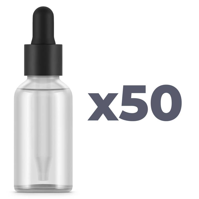 Bouteilles en verre sablé / dépoli / givré 30 ml avec pipette x50 unités. Haute qualité.