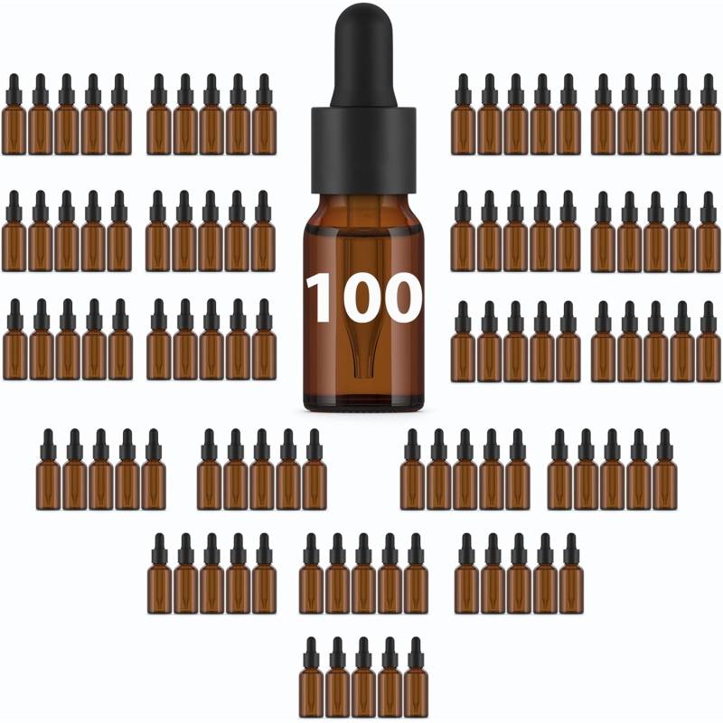 Botellas vidrio ámbar 10 ml con pipeta x100 unidades. Alta calidad.
